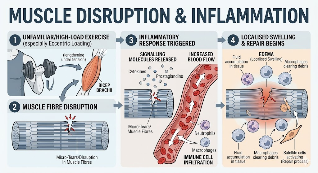 Muscle fibre disruption and inflammation after exercise showing increased blood flow, immune response, and localised swelling